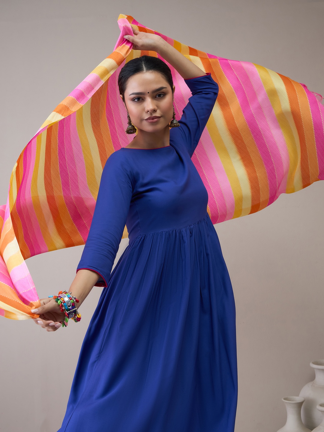 

InWeave Women Pleated Kurta with Trousers & With Dupatta, Blue