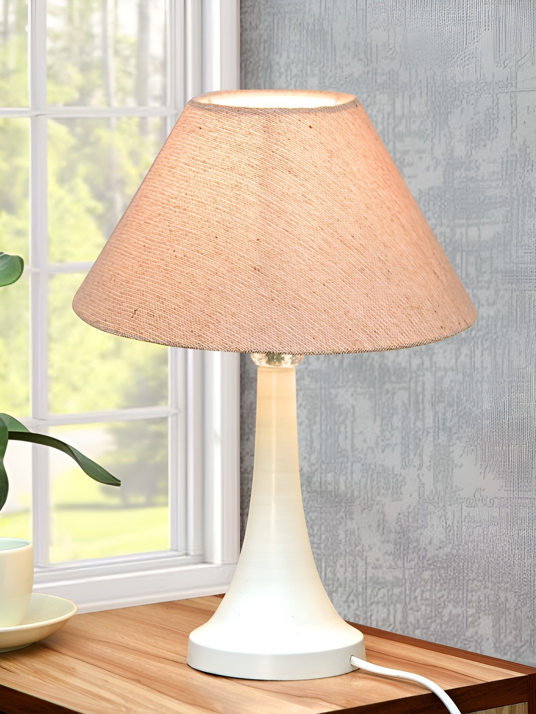 

Homesake Beige & White Metal Jute Frustum Shaped Table Lamp