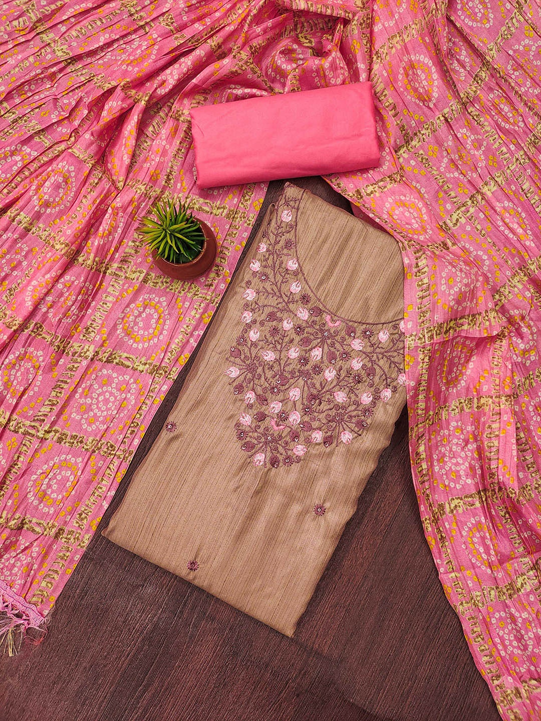 

KALINI Embroidered Unstitched Dress Material, Beige