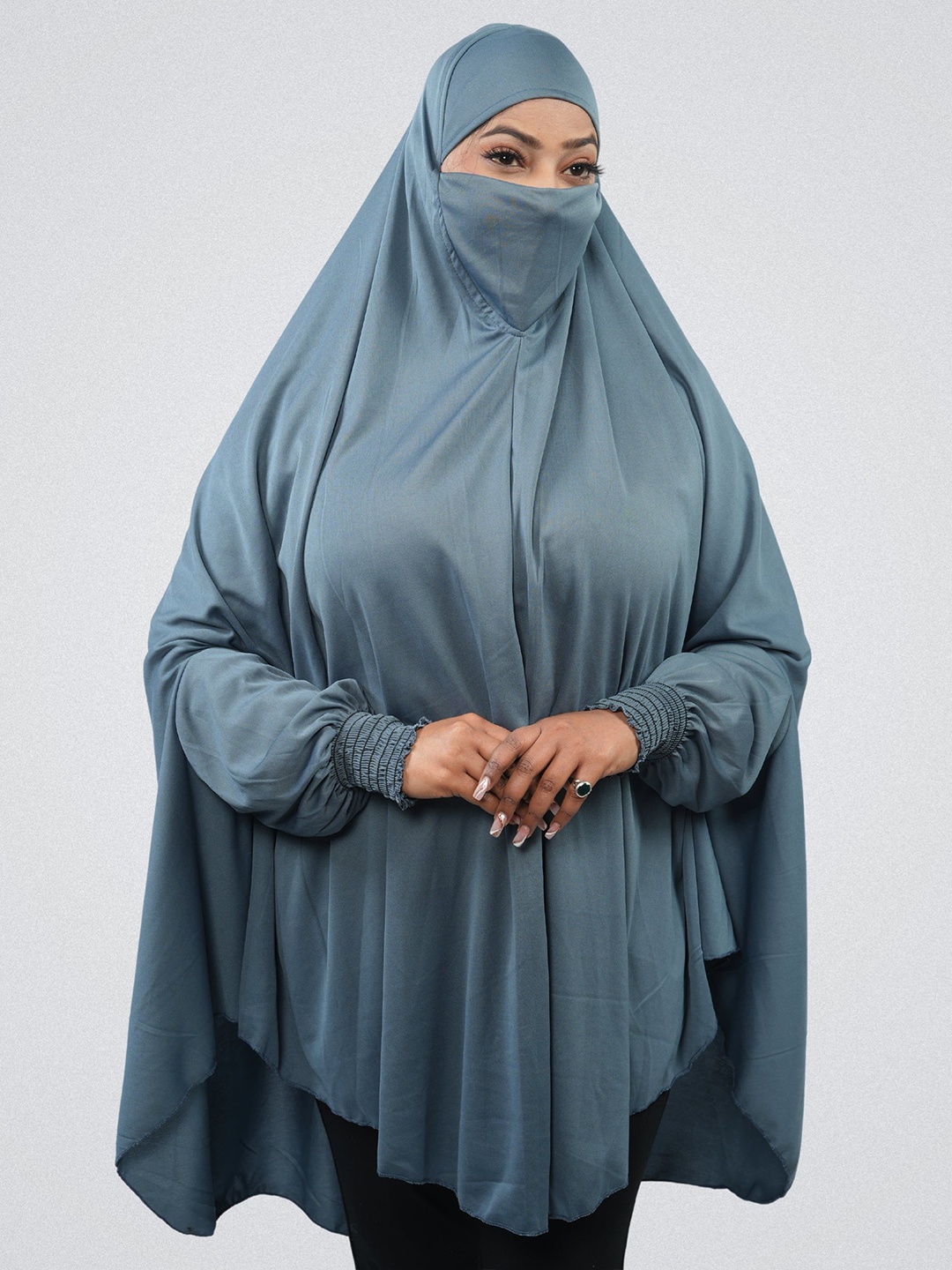 

URBAN KANYA Round Neck Solid Khimar With Adjustable Mouth Piece Hijab, Grey
