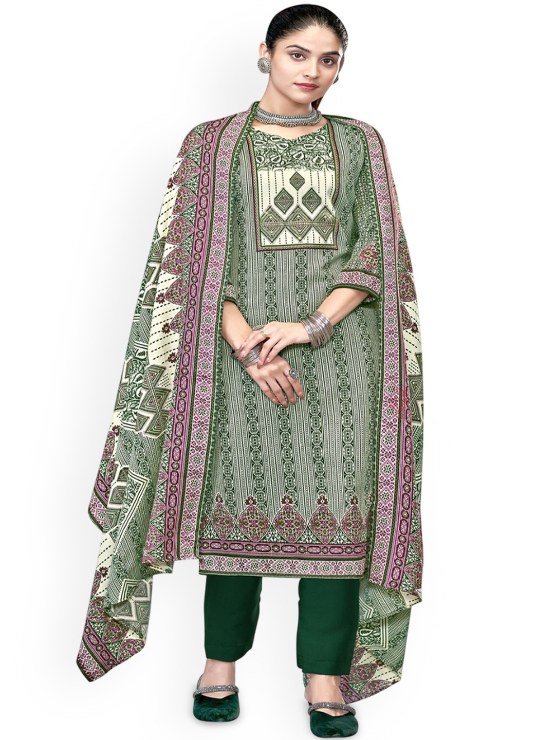 

DRAVINAM Trends Geometric Printed Pashmina Unstitched Dress Material, Green