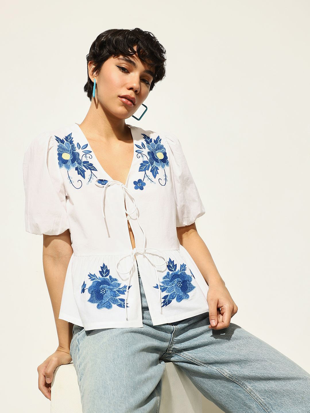 

ONLY Floral Embroidered Puff Sleeve Cotton Blouson Top, White