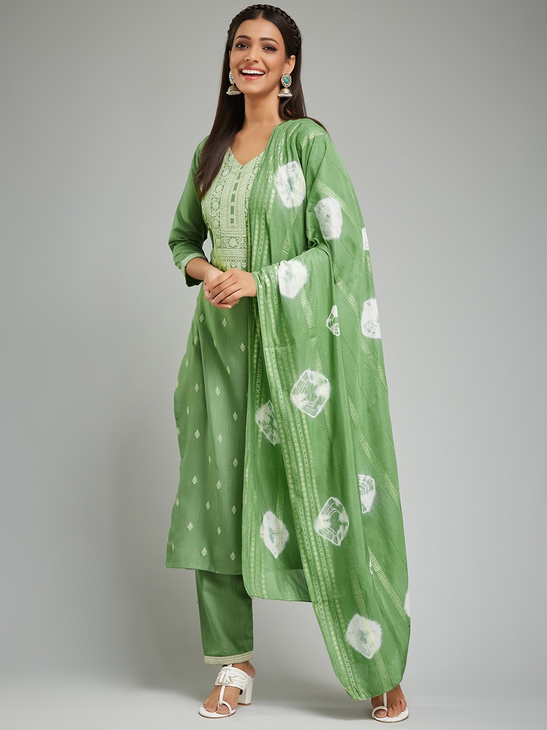 

Moda Rapido Floral Printed V-Neck Straight Kurta With Trousers And Dupatta, Green