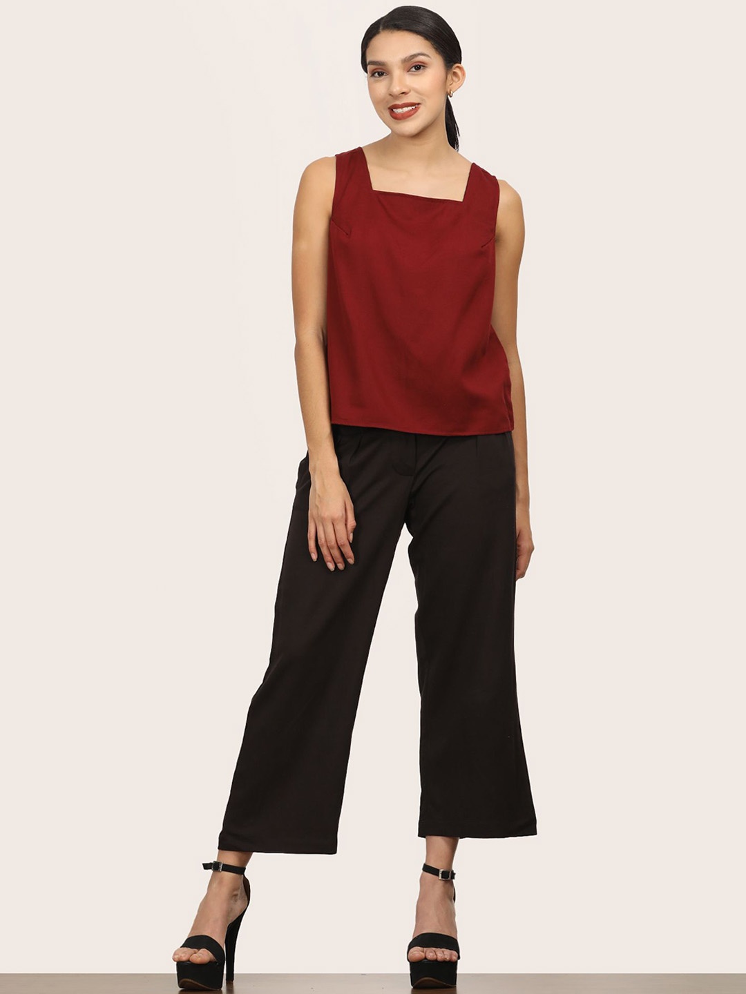 

Saltpetre Women Comfortable Open Front Overlay With Square Neck Top And Pants Co-Ord Set, Maroon