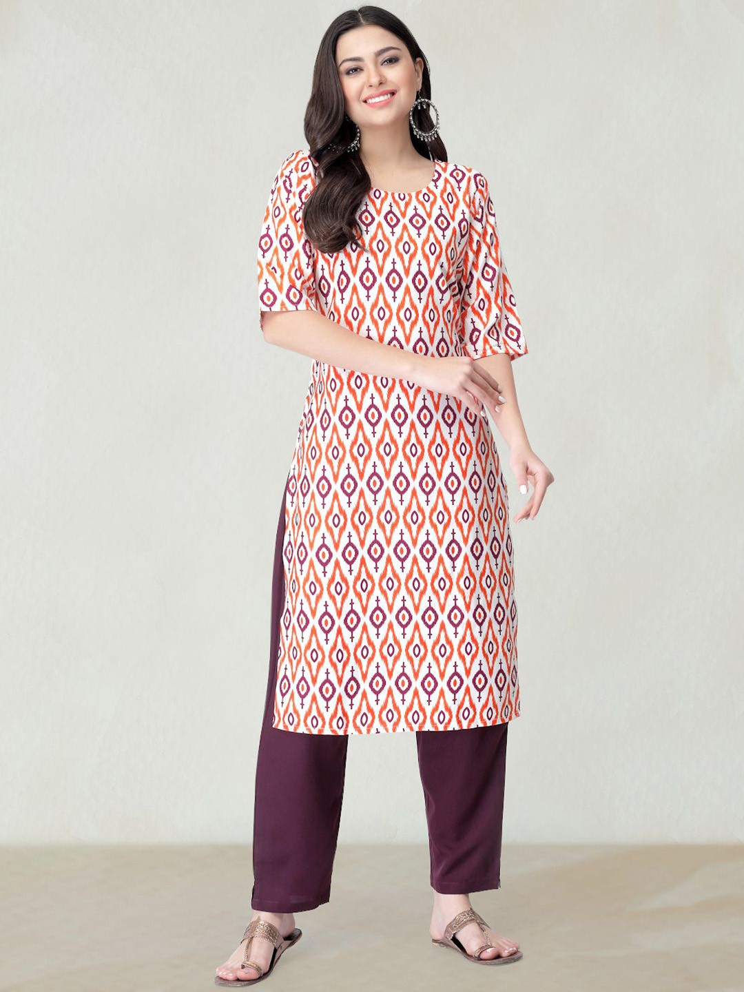 

Moda Rapido Chevron Printed Round Neck Straight Kurta, White