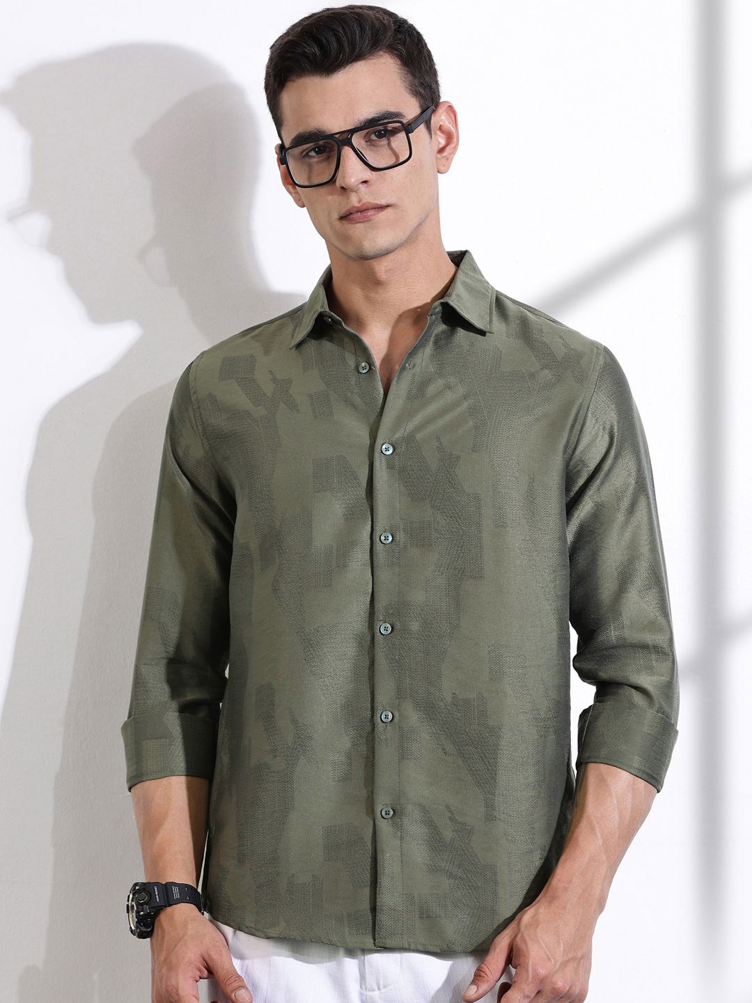 

Thomas Scott Men Classic Slim Fit Opaque Casual Shirt, Olive