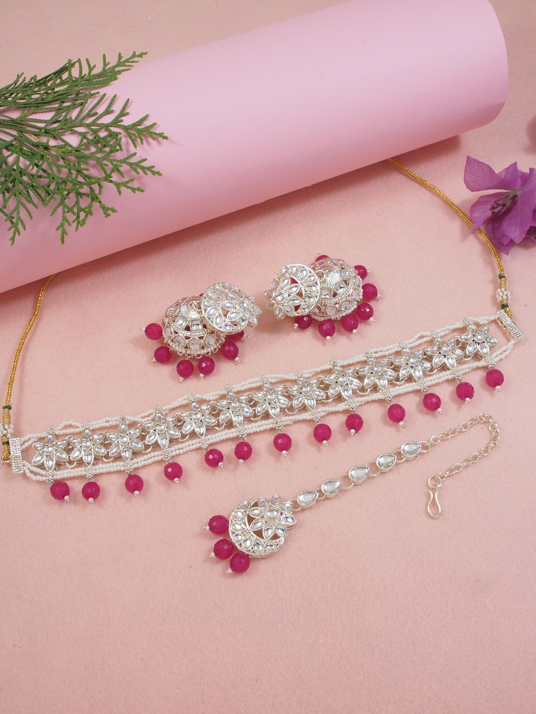 

I Jewels Gold Plated Kundan Stone Studded & Beaded Jewellery Set