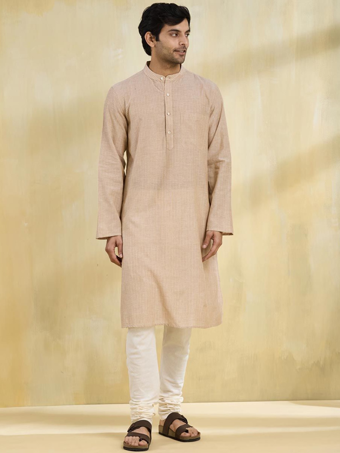

Fabindia Men Striped Band Collar Cotton Straight Kurta, Beige
