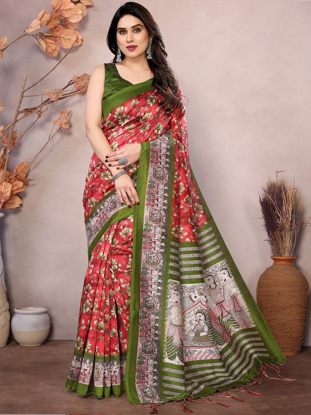 

KALINI Floral Art Silk Saree, Red