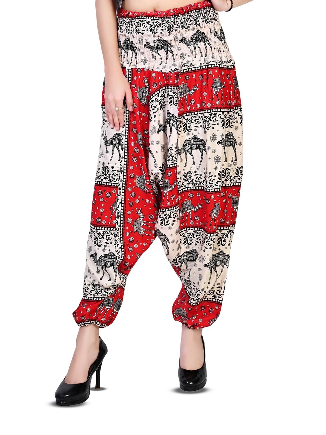 

NarNari Women Printed Loose Fit Harem Pants, Red