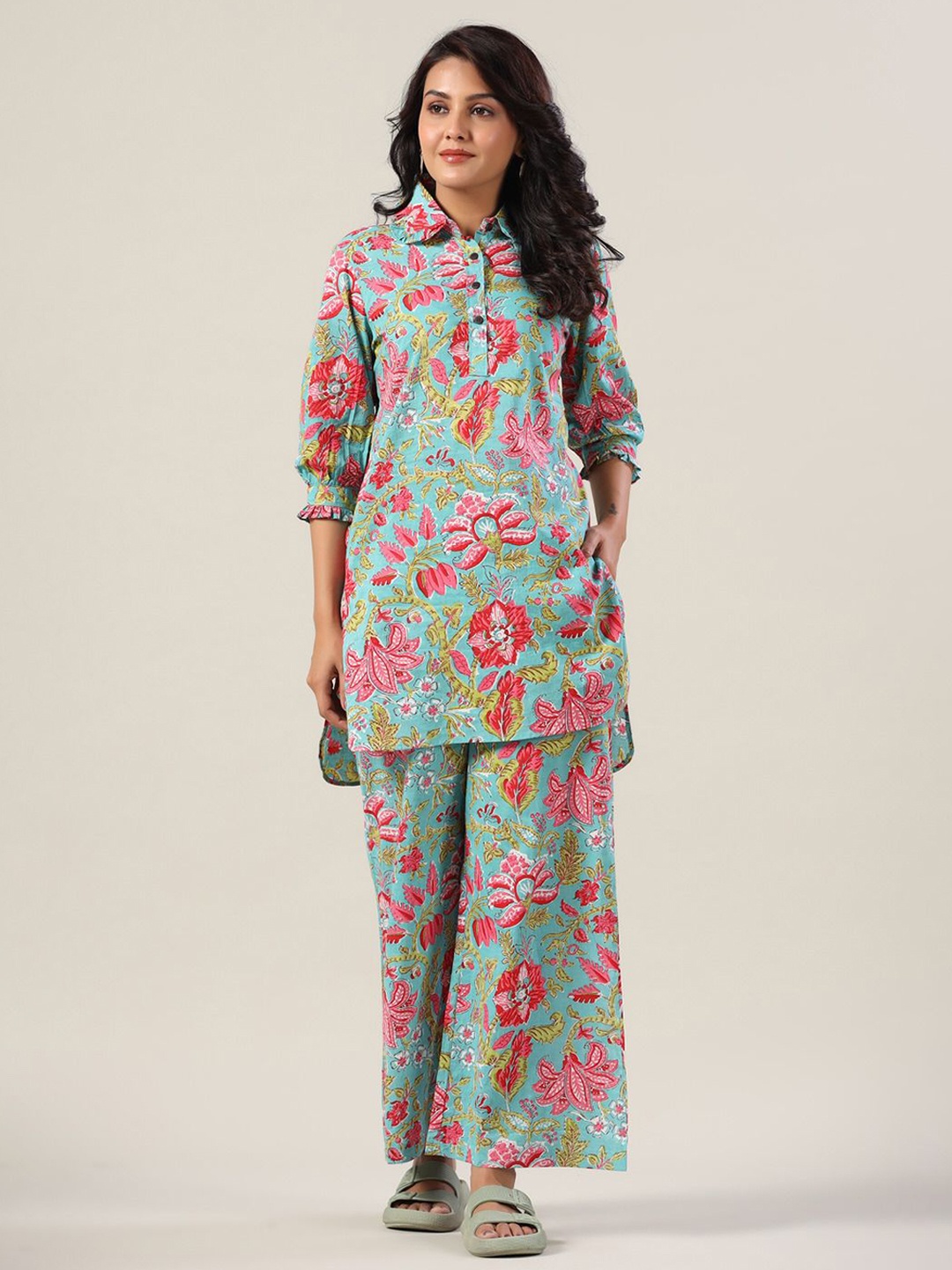 

JISORA Women's Printed Pure Cotton Co-Ords, Blue