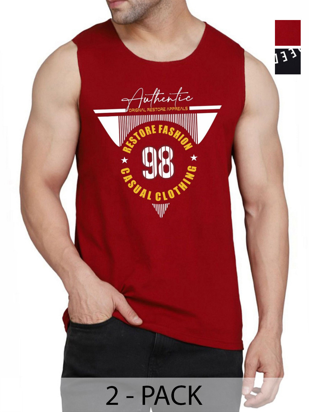 

WOOSTRO Men Pack Of 2 Typography Printed Round Neck Cotton Slim Fit T-shirts, Maroon