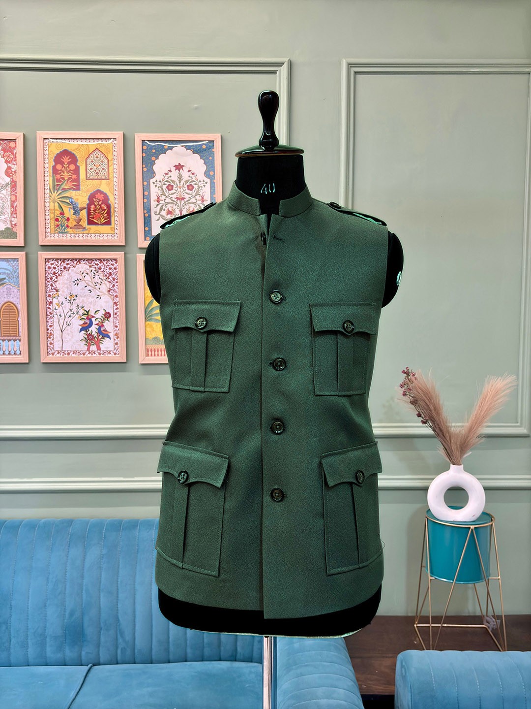 

JAIPURI CROWN Sleeveless Nehru Jacket With 4 Pockets, Green