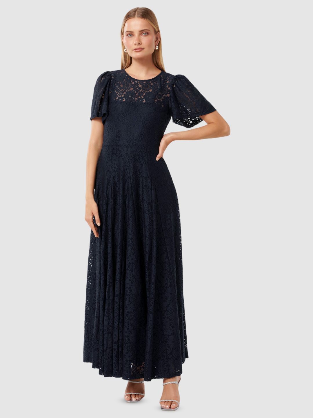 

Forever New Flutter Sleeve Lace Fit & Flare Maxi Dress, Navy blue