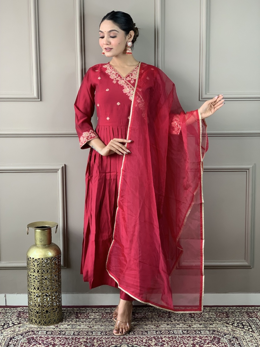 

Moda Rapido Floral Embroidered V-Neck Angrakha Anarkali Kurta With Trouser & Dupatta, Maroon