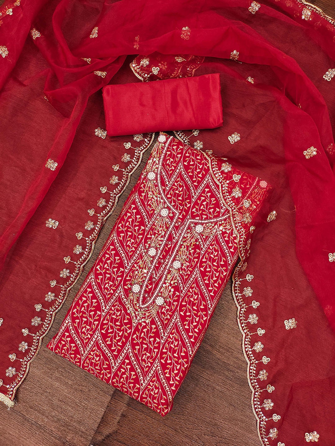 

KALINI Printed Pure Silk Unstitched Dress Material, Red