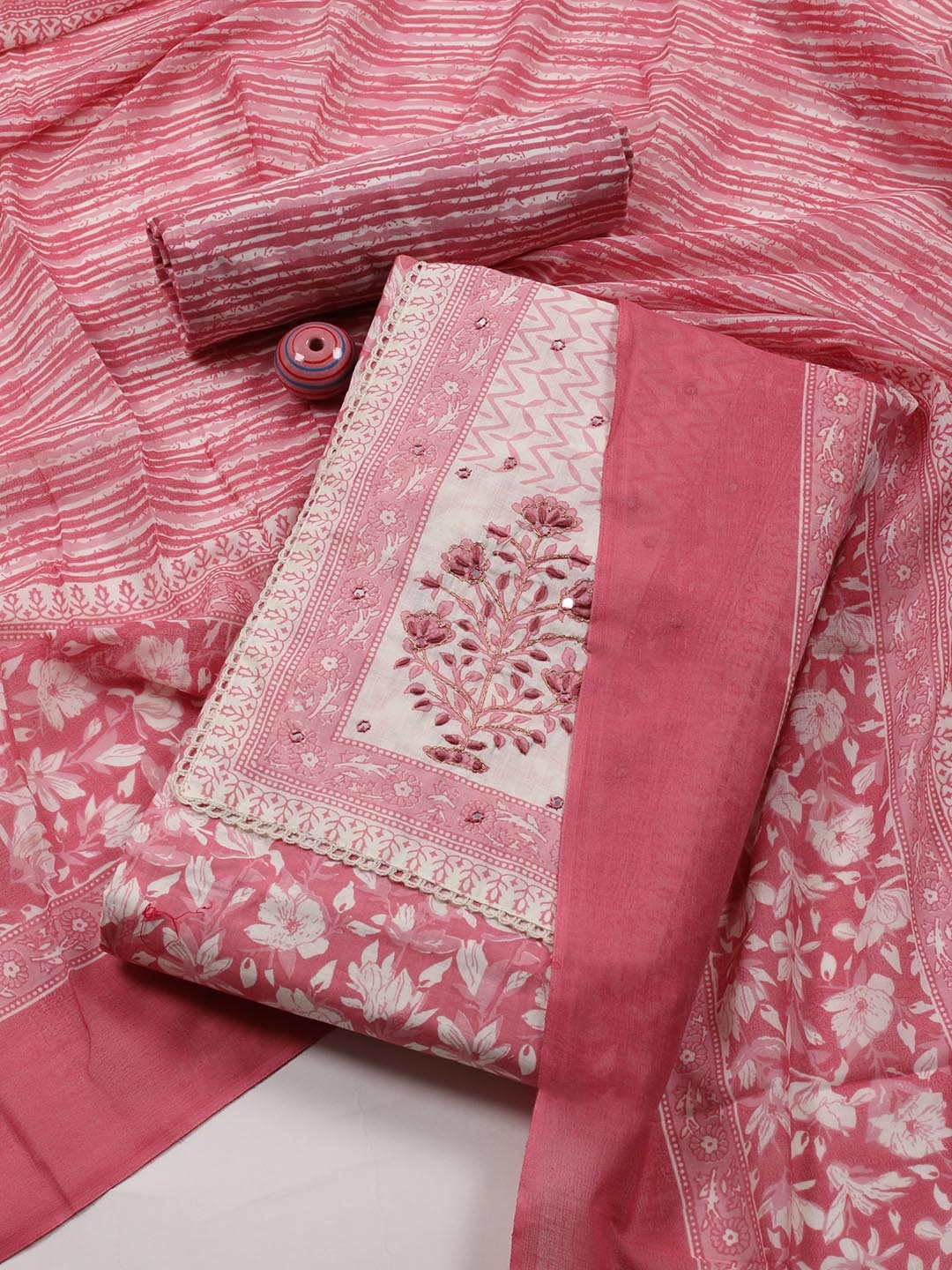 

Meena Bazaar Printed Unstitched Dress Material, Pink