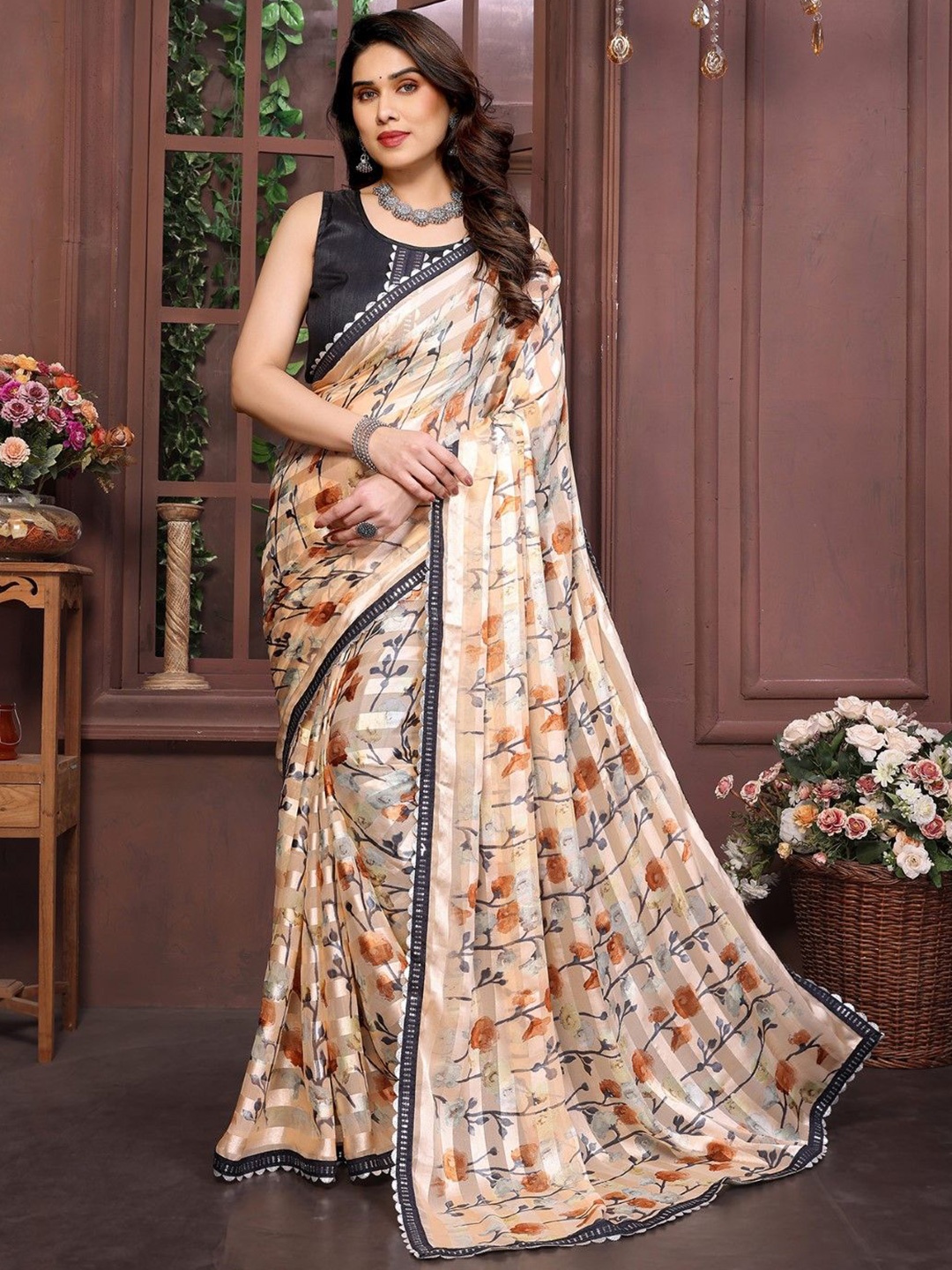 

KALINI Floral Printed Satin Saree, Orange