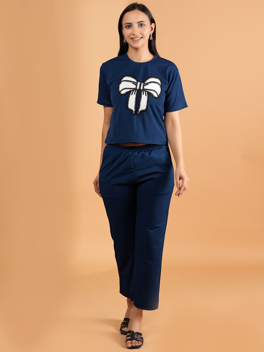 

BAESD Printed Round Neck T-shirt With Trousers, Navy blue