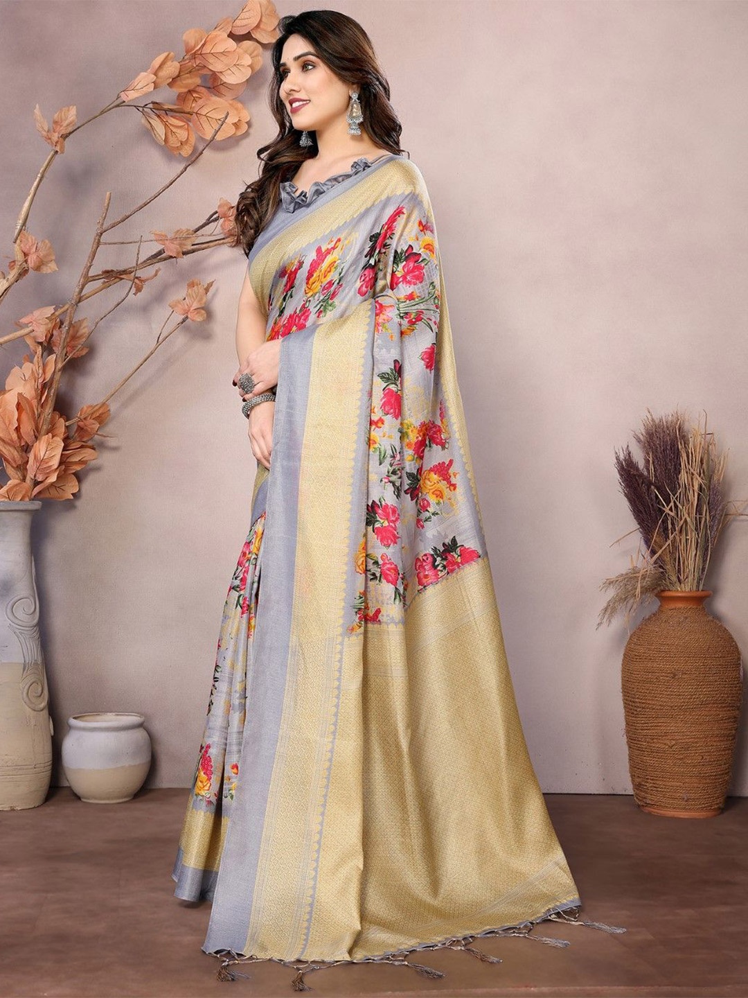

KALINI Floral Art Silk Saree, Grey