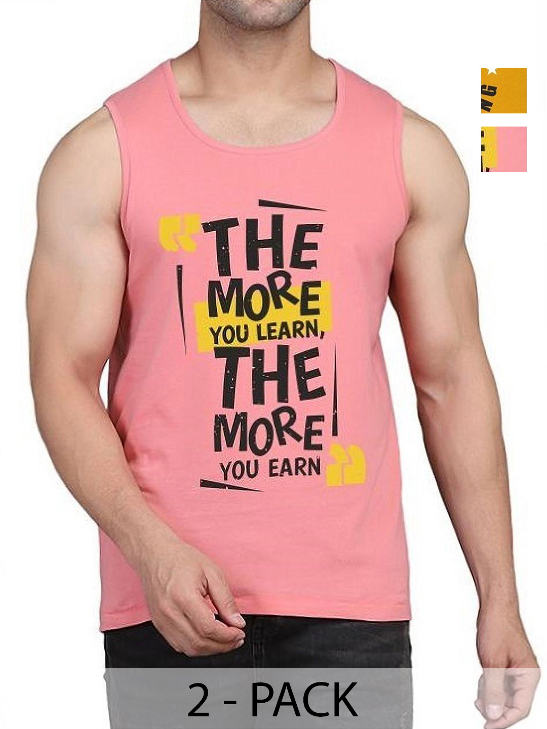 

WOOSTRO Men Pack Of 2 Typography Printed Round Neck Cotton Slim Fit T-shirts, Mustard