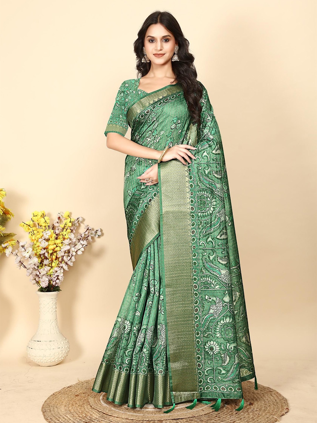 

J 6 DESIGNER Floral Printed Zari Block Print Saree, Green
