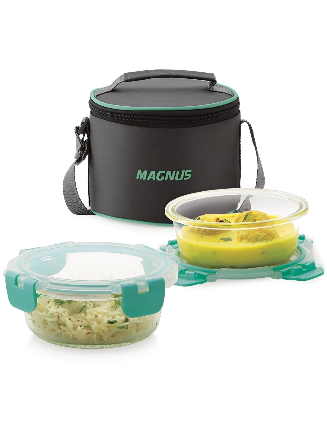 

Magnus Glock Solid 800ml Glass Lunch Box with 2 Round Borosilicate Containers & Bag, Green