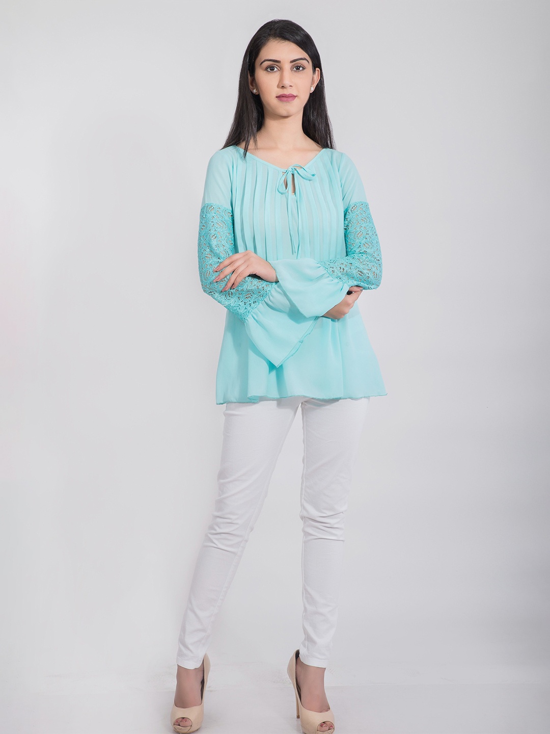 

DELIS Tie-Up Neck Bell Sleeve Monochrome Georgette Top, Blue