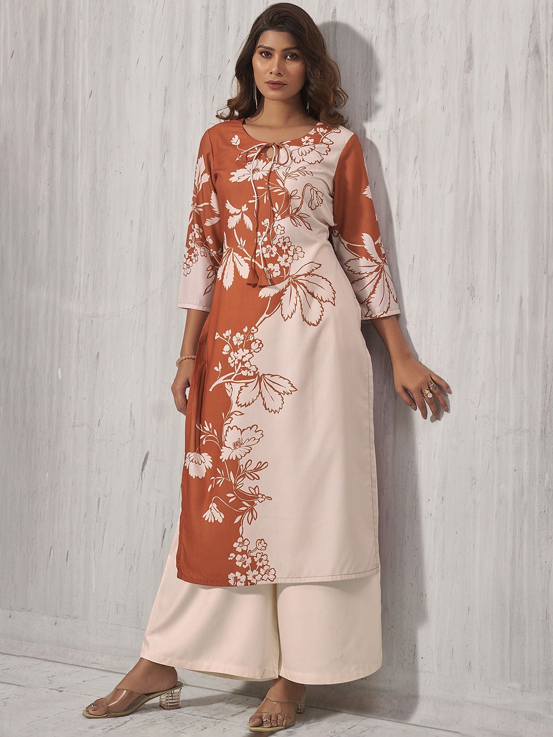 

Anouk Rust Floral Printed Tie up Neck Straight Kurta