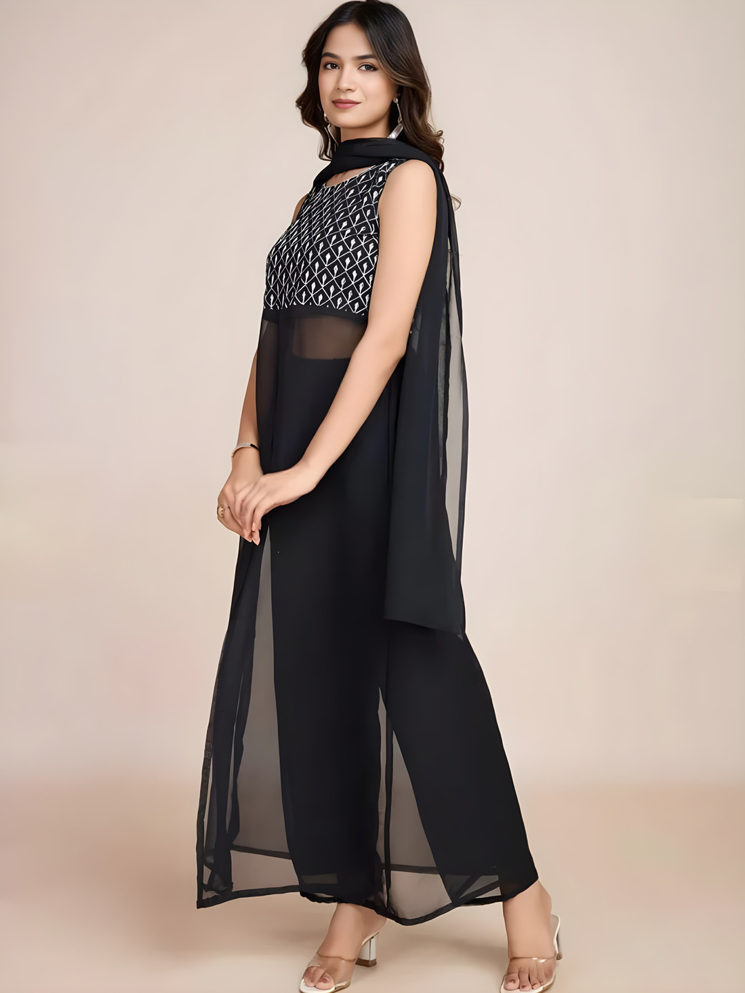 

Maeswag Floral Embroidered Sequinned Georgette Straight Kurta With Palazzos & Dupatta, Black