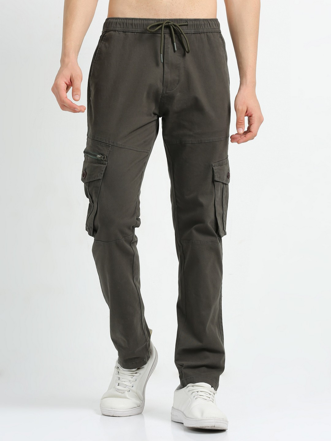 

NEVER NEUD Men Relaxed Zipper Utility Cargos Trousers, Olive