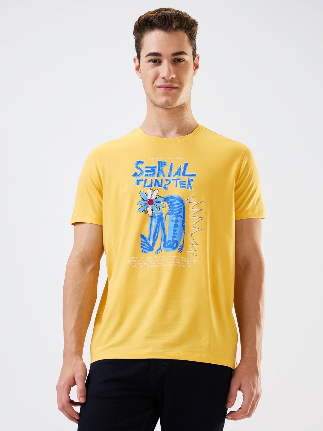 

SPYKAR Men Graphic Printed Round Neck Cotton Slim Fit T-shirt, Yellow