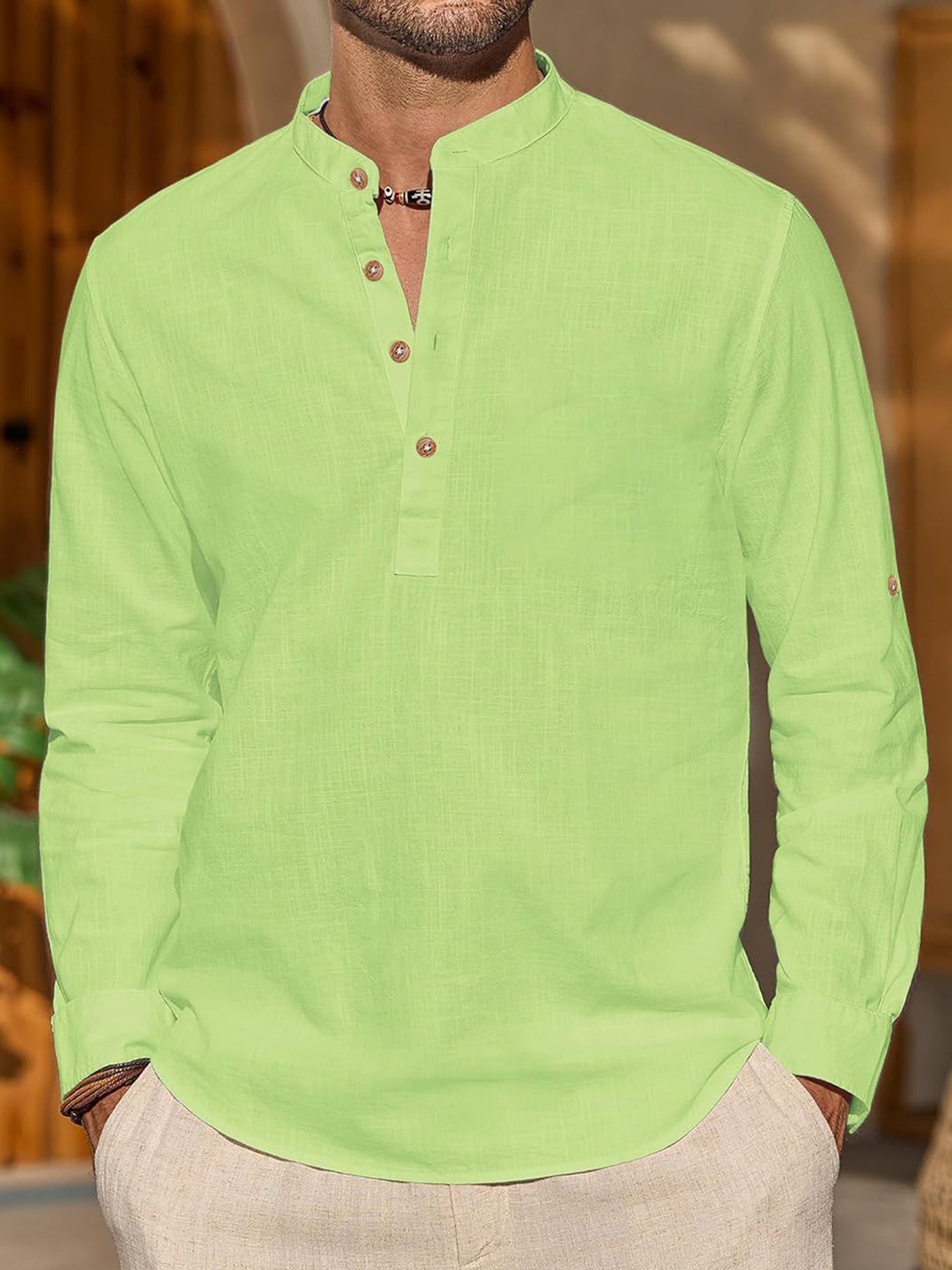 

Vida Loca Band Collar Cotton Straight Slim Fit Short Kurta, Khaki