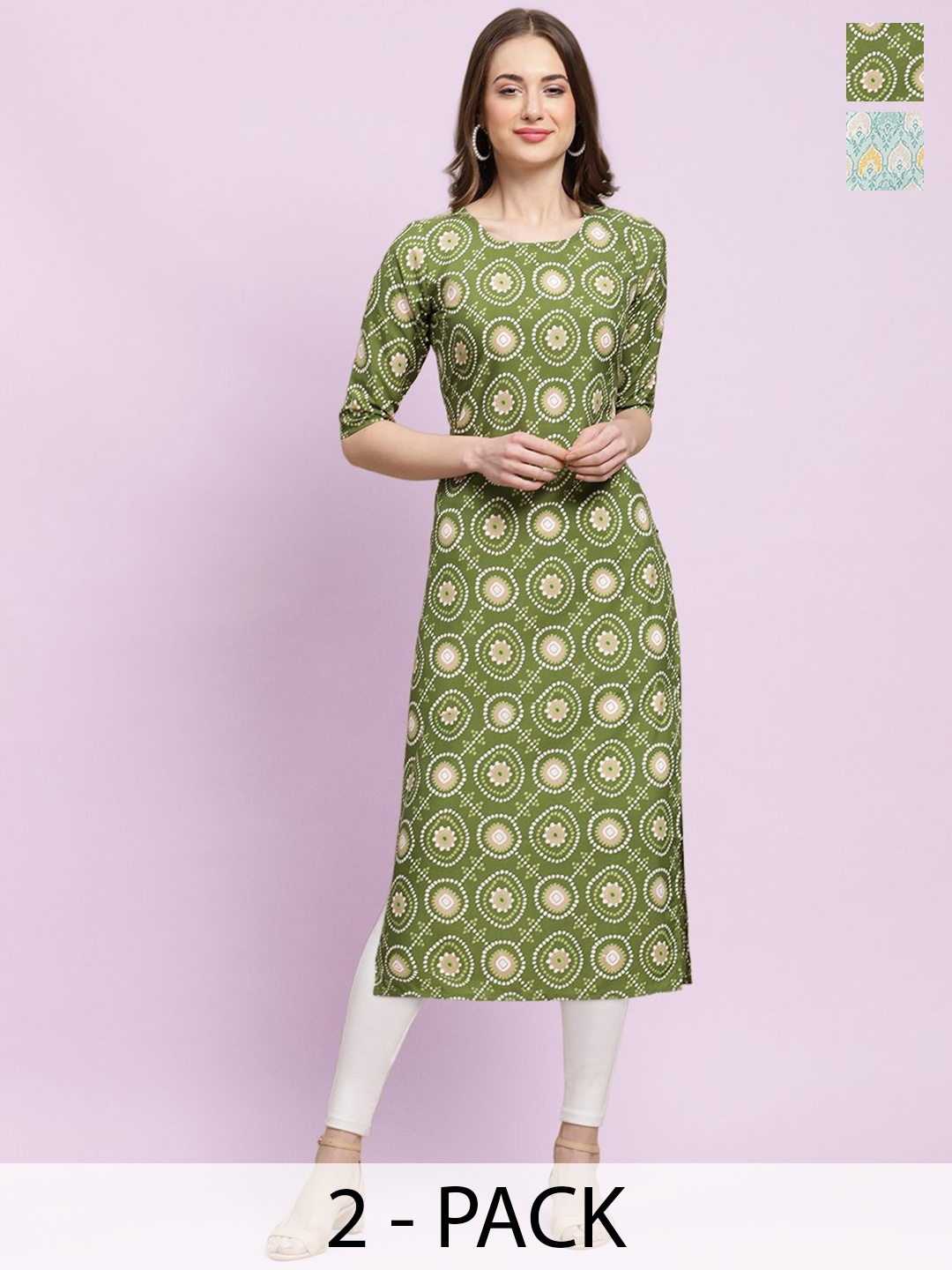 

Moda Rapido Green & White Selection Of 2 Ethnic Motifs Printed Straight Kurtas