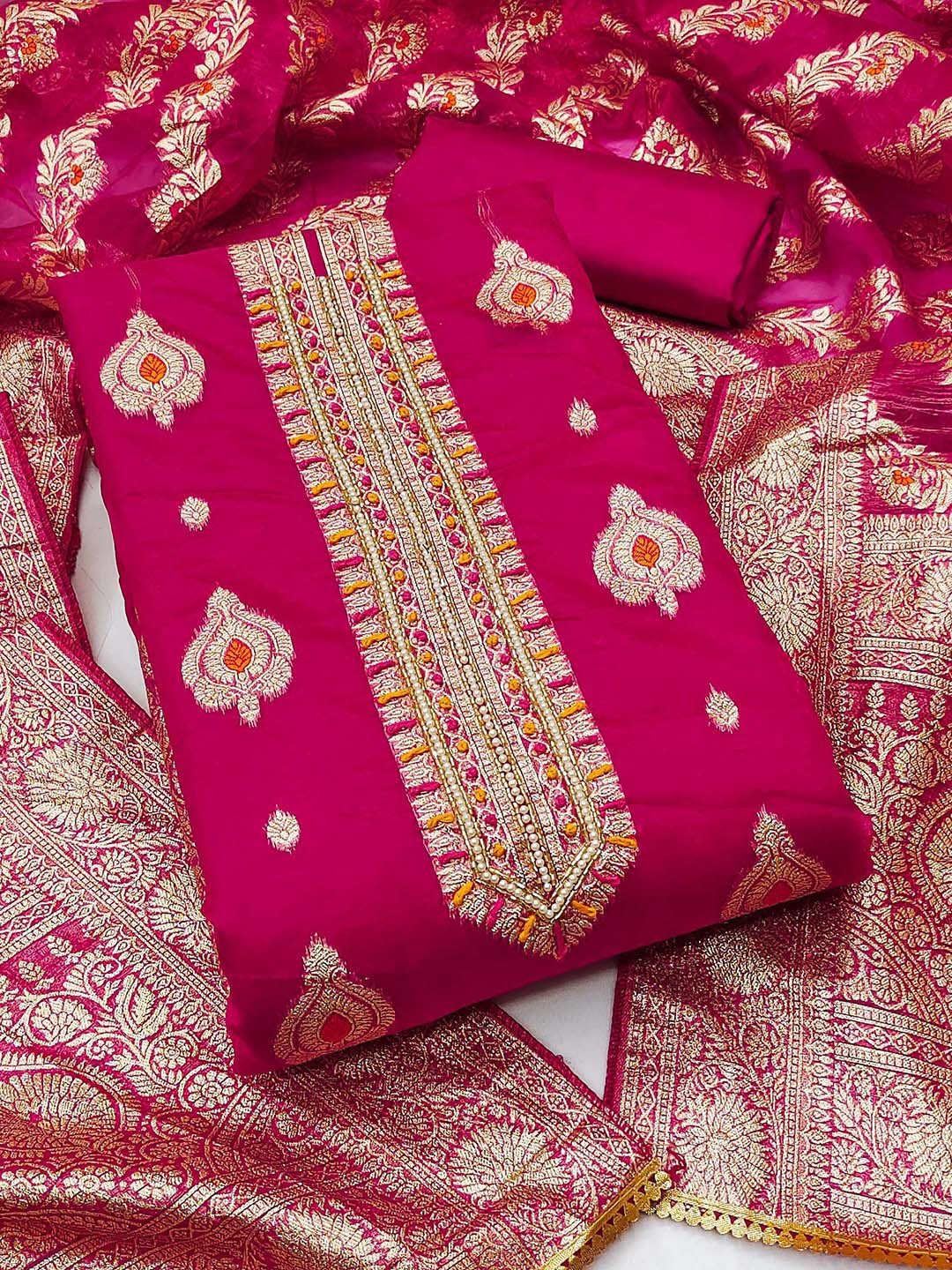 

KALINI Organza Unstitched Dress Material, Pink
