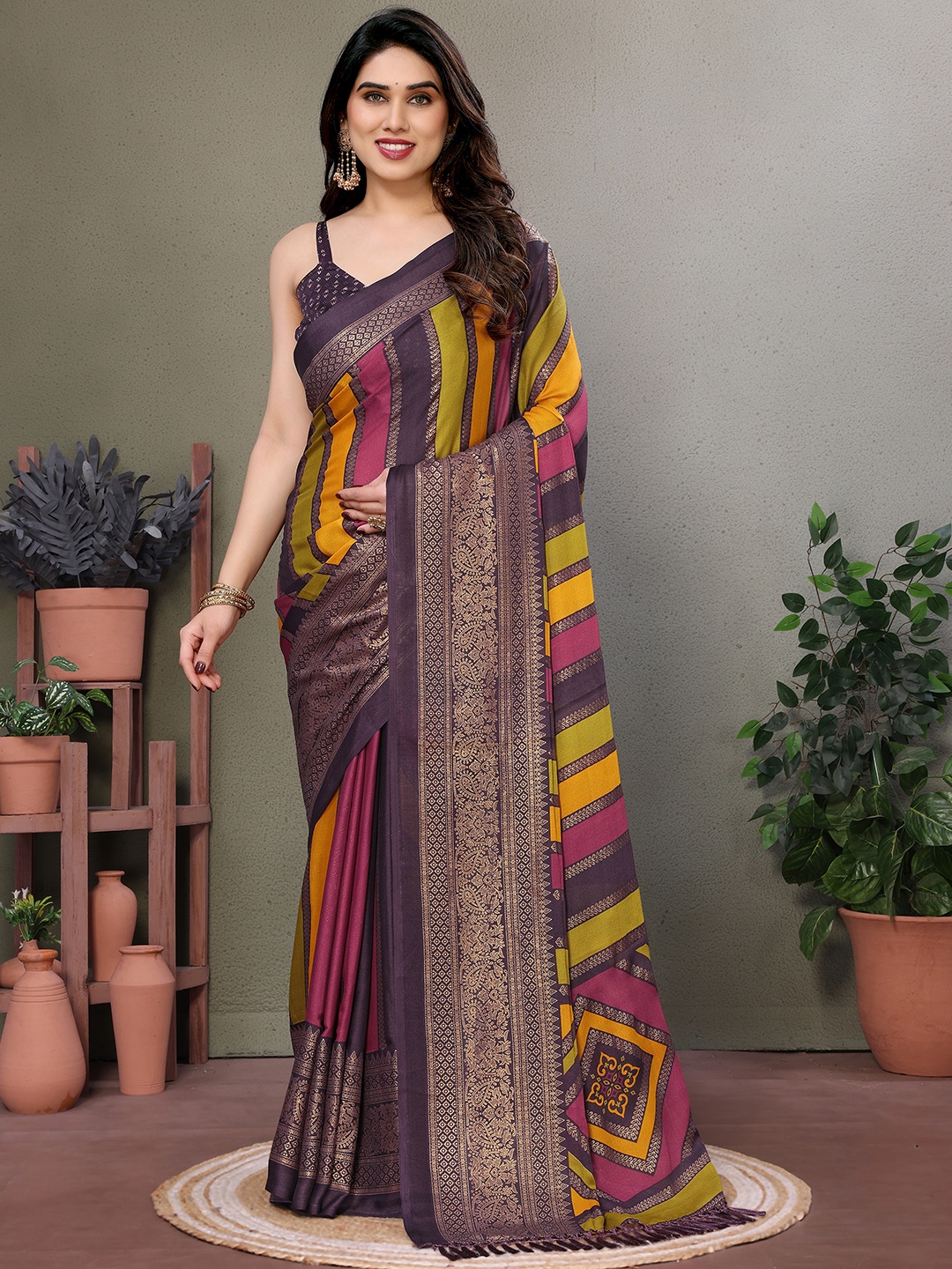 

Panzora Striped Saree With Blouse Piece, Purple