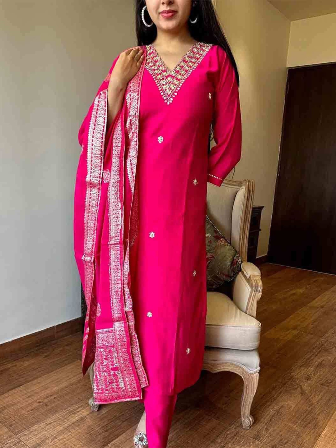 

Moda Rapido Pink V-Neck Embroidered Pure Cotton Straight Kurta With Trousers And Dupatta