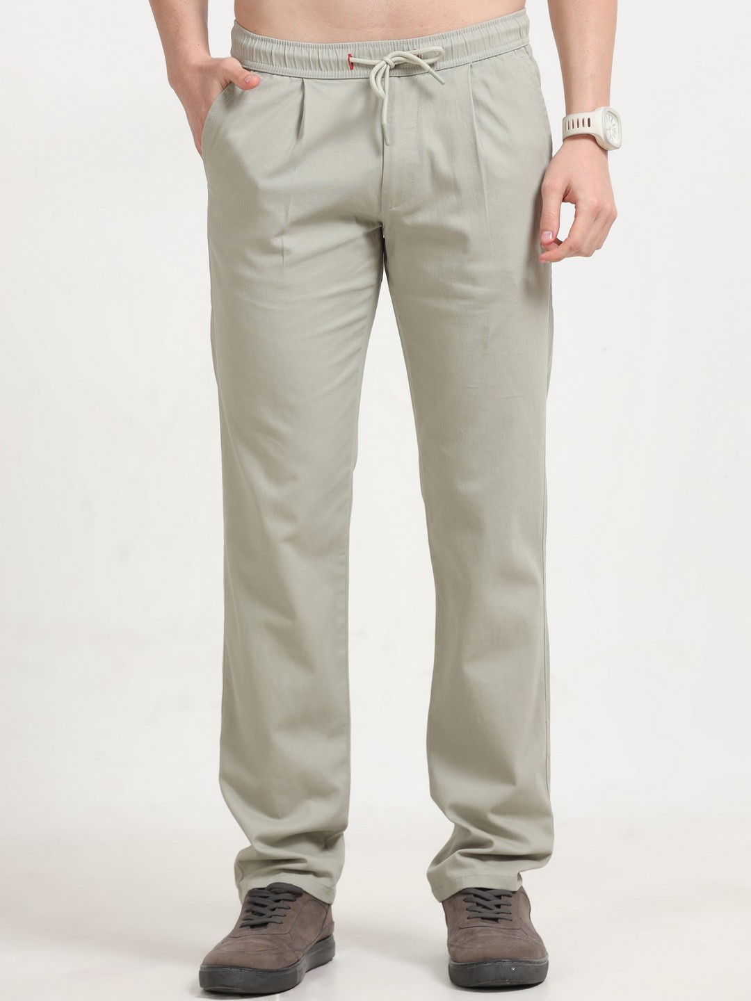 

NEVER NEUD Men Relaxed Straight Fit Lazy Linen Pleated Trousers, Steel