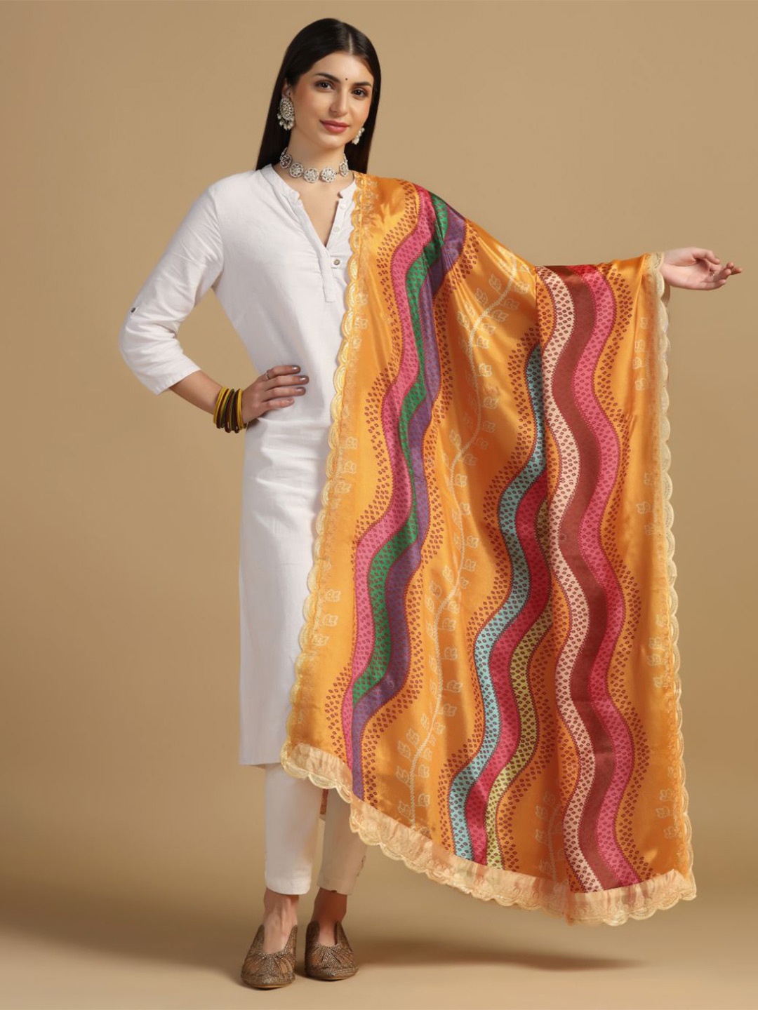 

Kaizen TEXO FAB Chevron Printed Dupatta With Sequinned, Orange