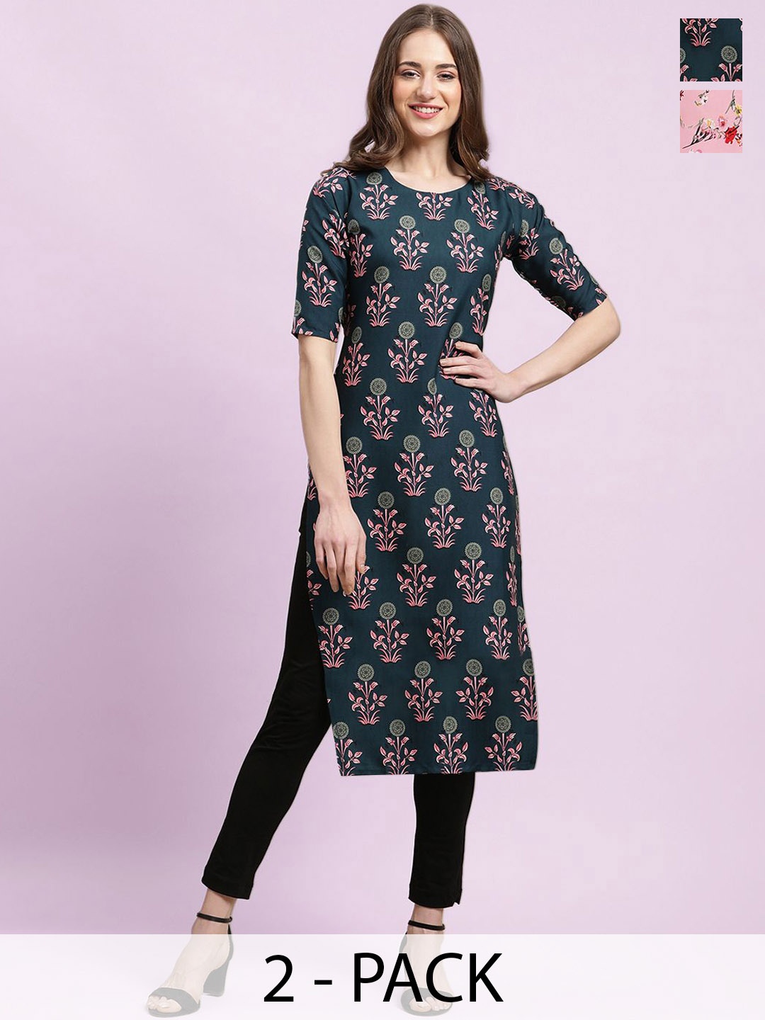 

Moda Rapido Blue & Pink Selection of 2 Floral Printed Straight Kurtas
