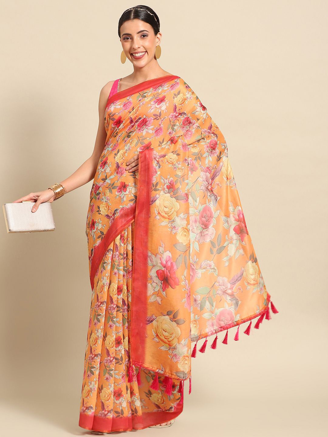 

DIVASTRI Floral Digital Printed Chanderi Cotton Saree with Tassels, Orange