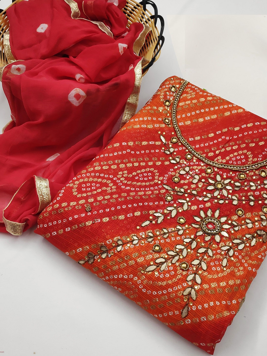 

HERE&NOW Bandhani Embellished Beads And Stones Unstitched Dress Material, Red