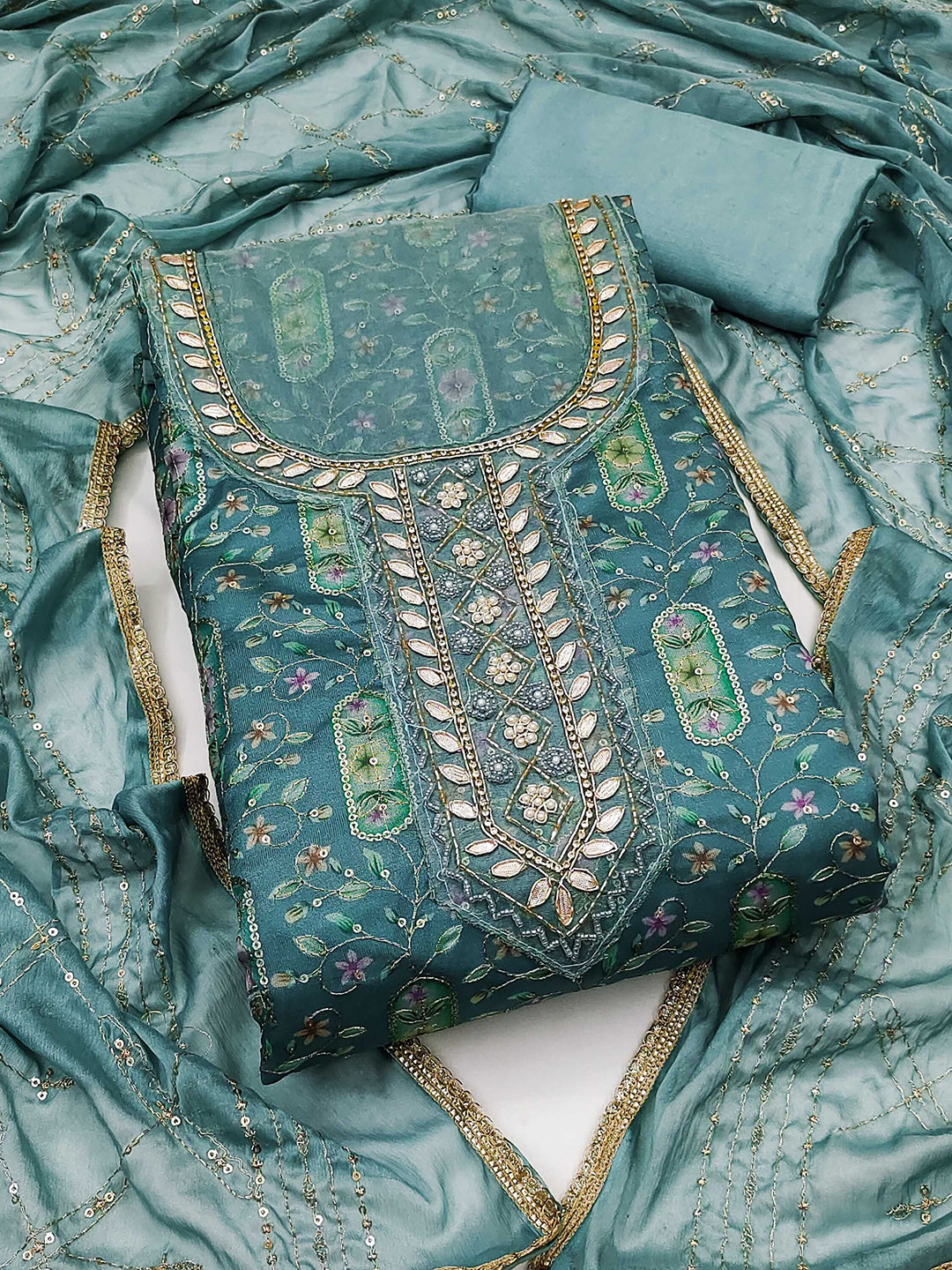 

KALINI Embroidered Organza Unstitched Dress Material, Sea green