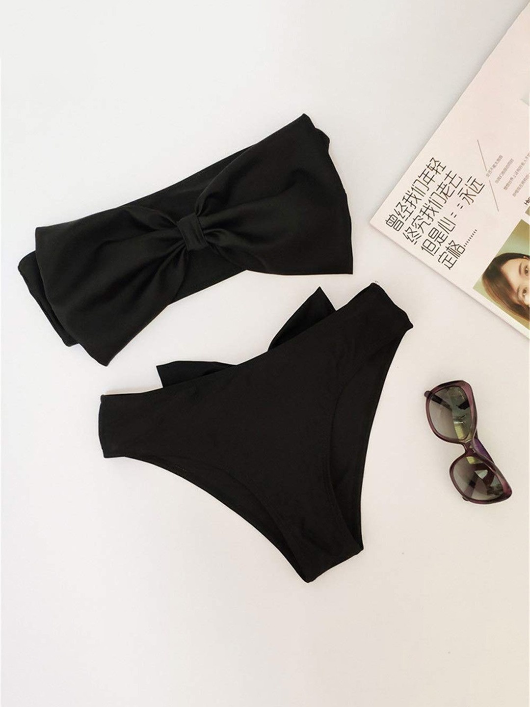 

VAGHBHATT Swimwear Bow Bikini Set, Black