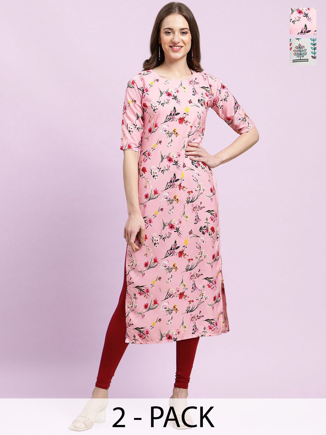 

Moda Rapido Pink & White Selection of 2 Floral Printed Straight Kurtas