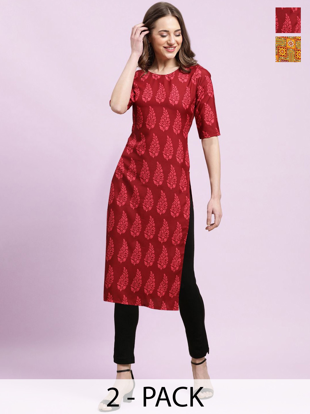 

Moda Rapido Maroon & Brown Selection of 2 Floral Printed Straight Kurtas