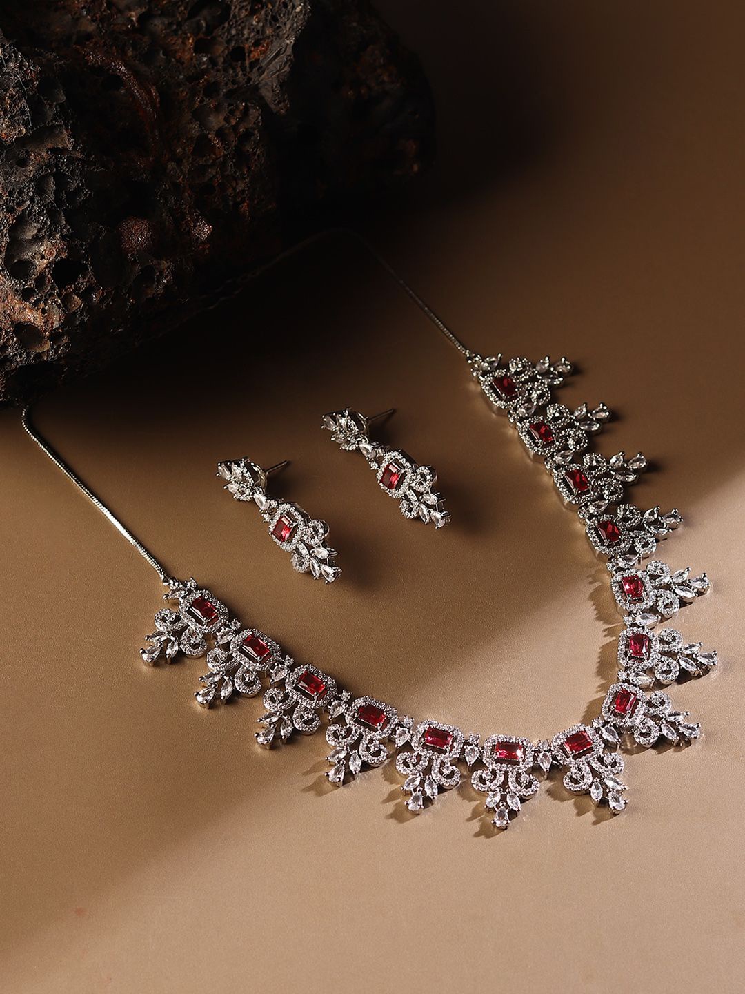 

RHOSYN Rhodium-Plated Ruby CZ American Diamond Stone Studded Jewellery Set, Pink