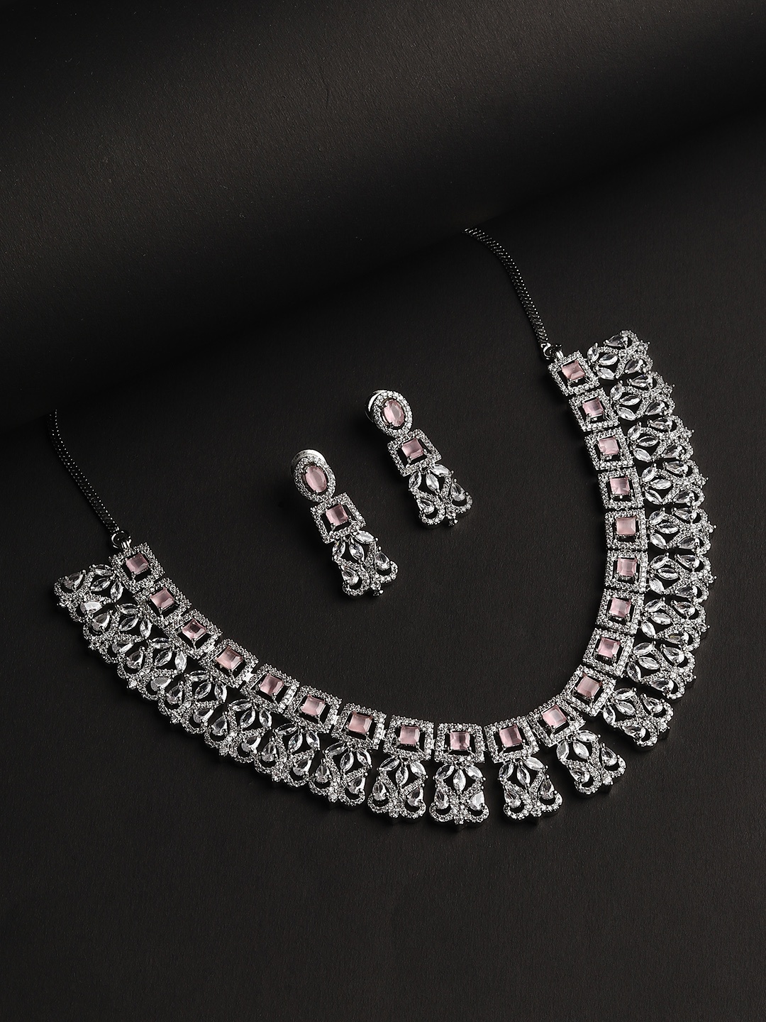 

RHOSYN Rhodium-Plated CZ American Diamond Studded Jewellery Set, Silver