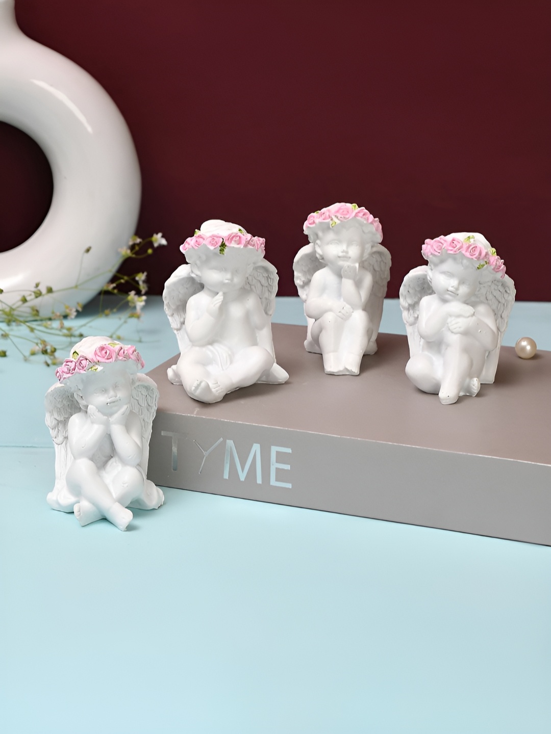 

TAYHAA Pink And White 4 Pieces Angels With Floral Crowns Figurine Showpieces