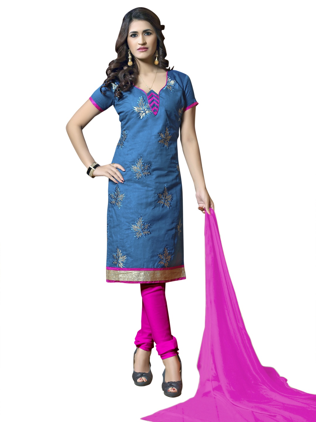 

HERE&NOW Floral Embroidered Unstitched Dress Material, Blue